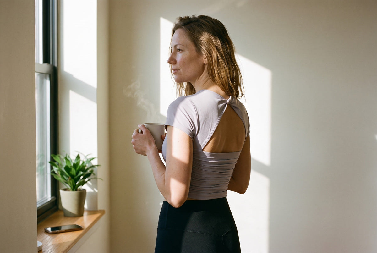 Woman in a sunlit room wearing the RYZ Enhance Mesh Fusion Top in lavender, seen from behind with its teardrop open back