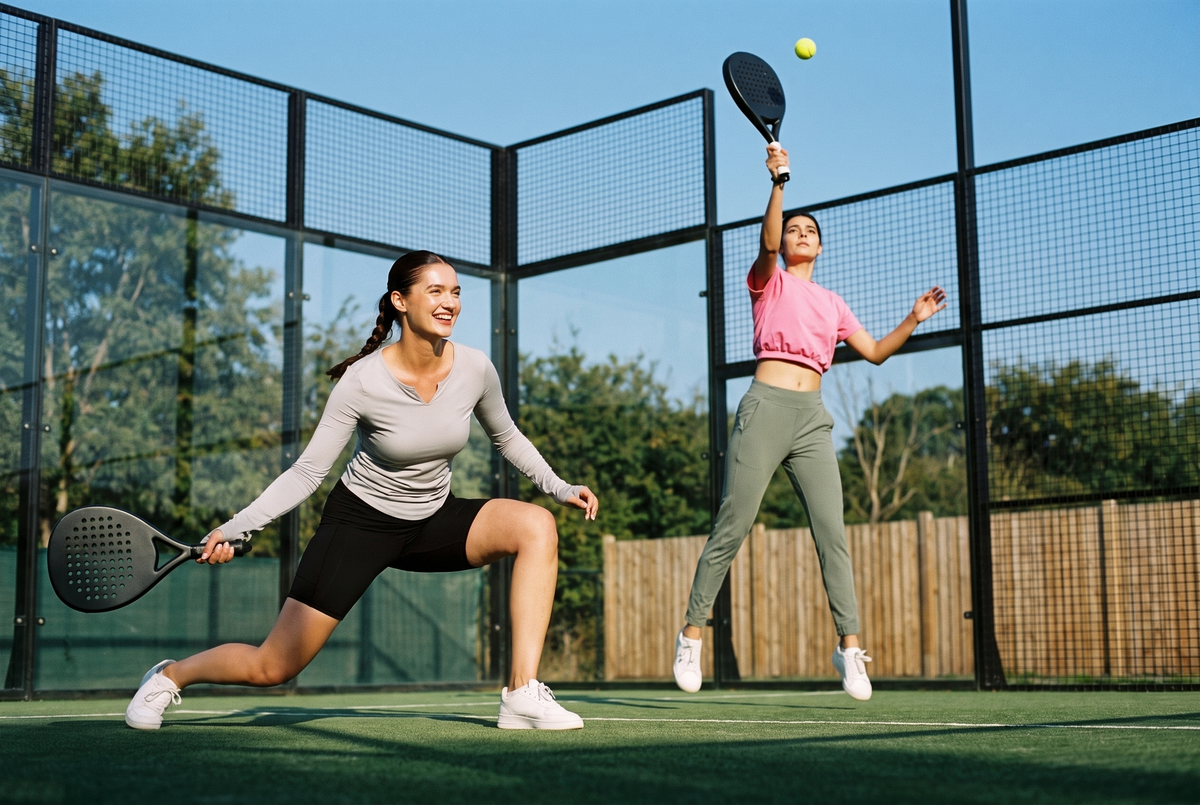 Two women in RYZ activewear playing padel on an outdoor court