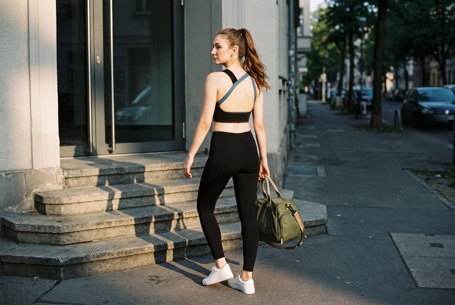 Woman in the RYZ AeroCross cross-back bra top and black high-waist leggings pausing outside a gym entrance in early morning light, carrying an olive RYZ Active Carry-All duffle