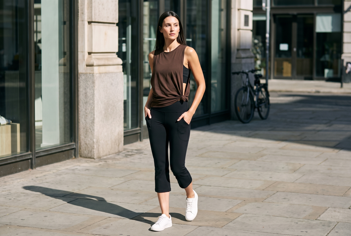 Woman walking on a city pavement with both hands in the deep thigh pockets of RYZ Core Active Flair Capri Leggings in black, worn with the Core Layer Tank in chocolate brown