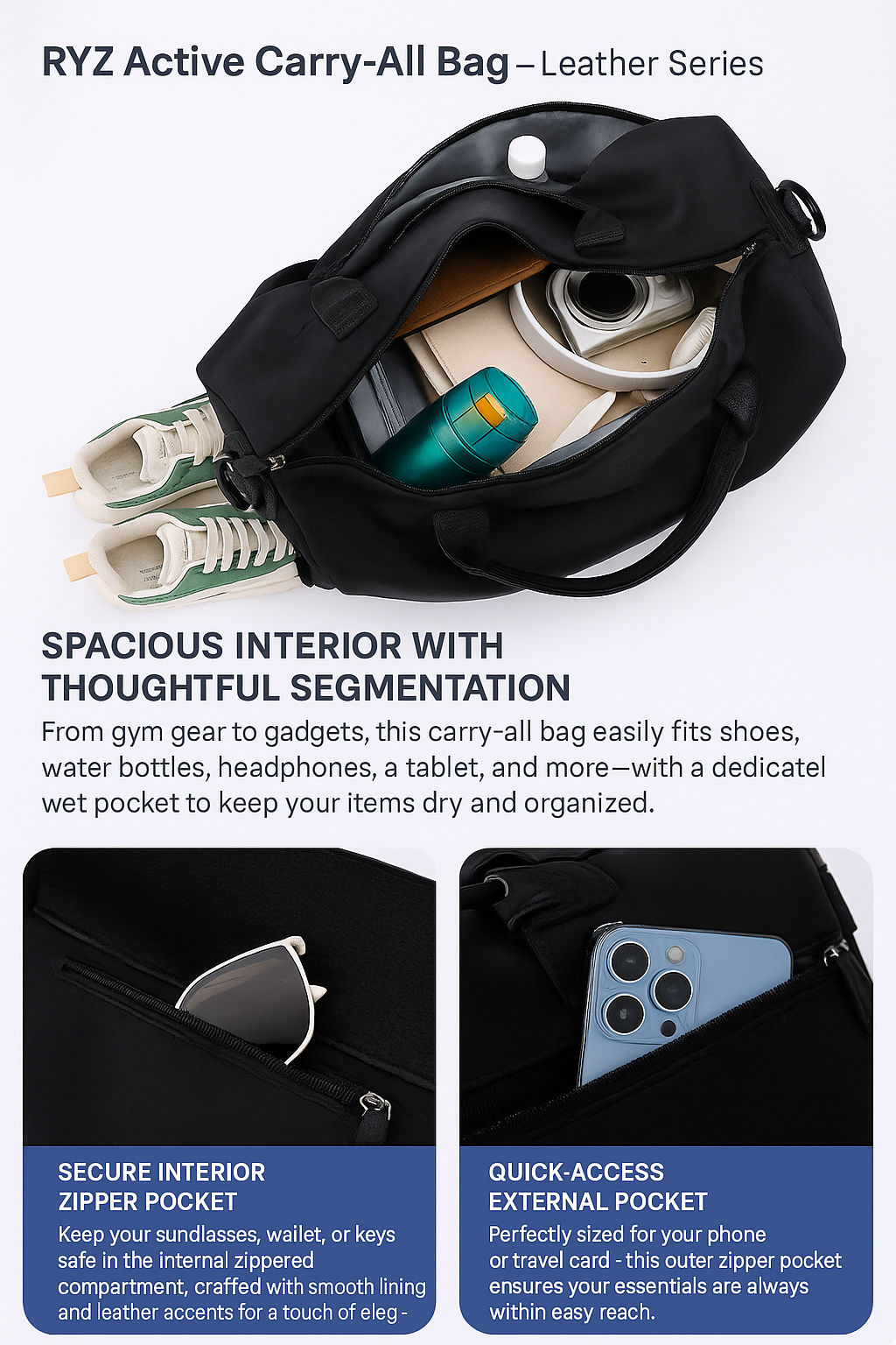 RYZ Active Bag - Carry All | Leather Series (BR) | Premium Gym Bag | Luxury Travel Duffle
