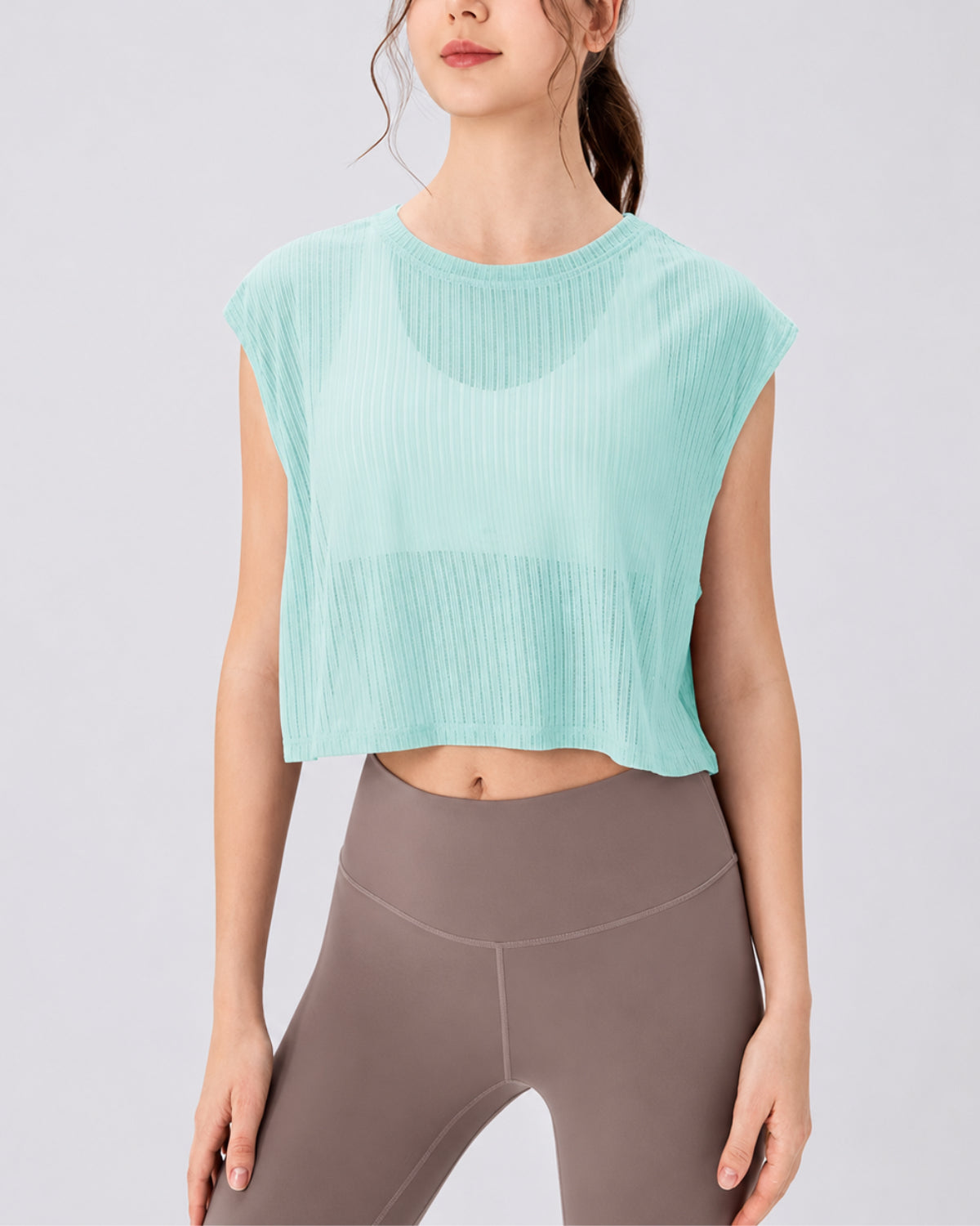Core Flow Drape Over Top | Open-Back Workout Layer | Sheer Rib Mesh | Relaxed Cropped Fit (Aqua Blue)