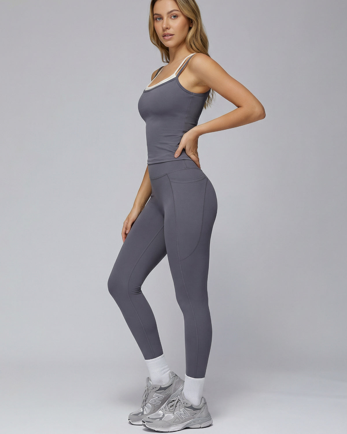 Signature Sculpt Active Set | Padded Tank + High-Waist Pocket Leggings | No Front Seam | Softretch® (Slate Grey)