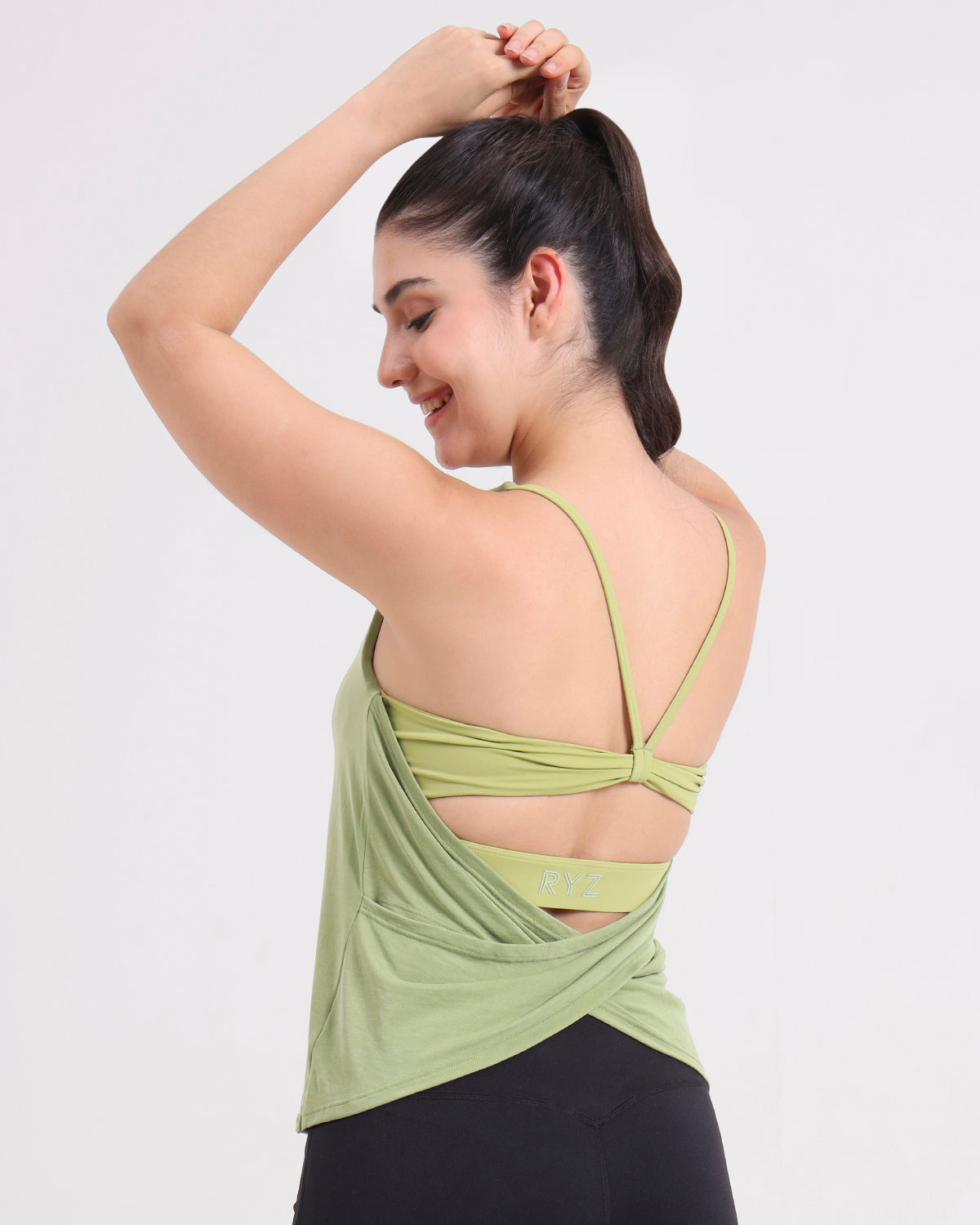 Original Swoosh Padded Cross-back Knot Blot Wrap Tank | Softretch® | In-built Sports bra | Yoga Top (GN)