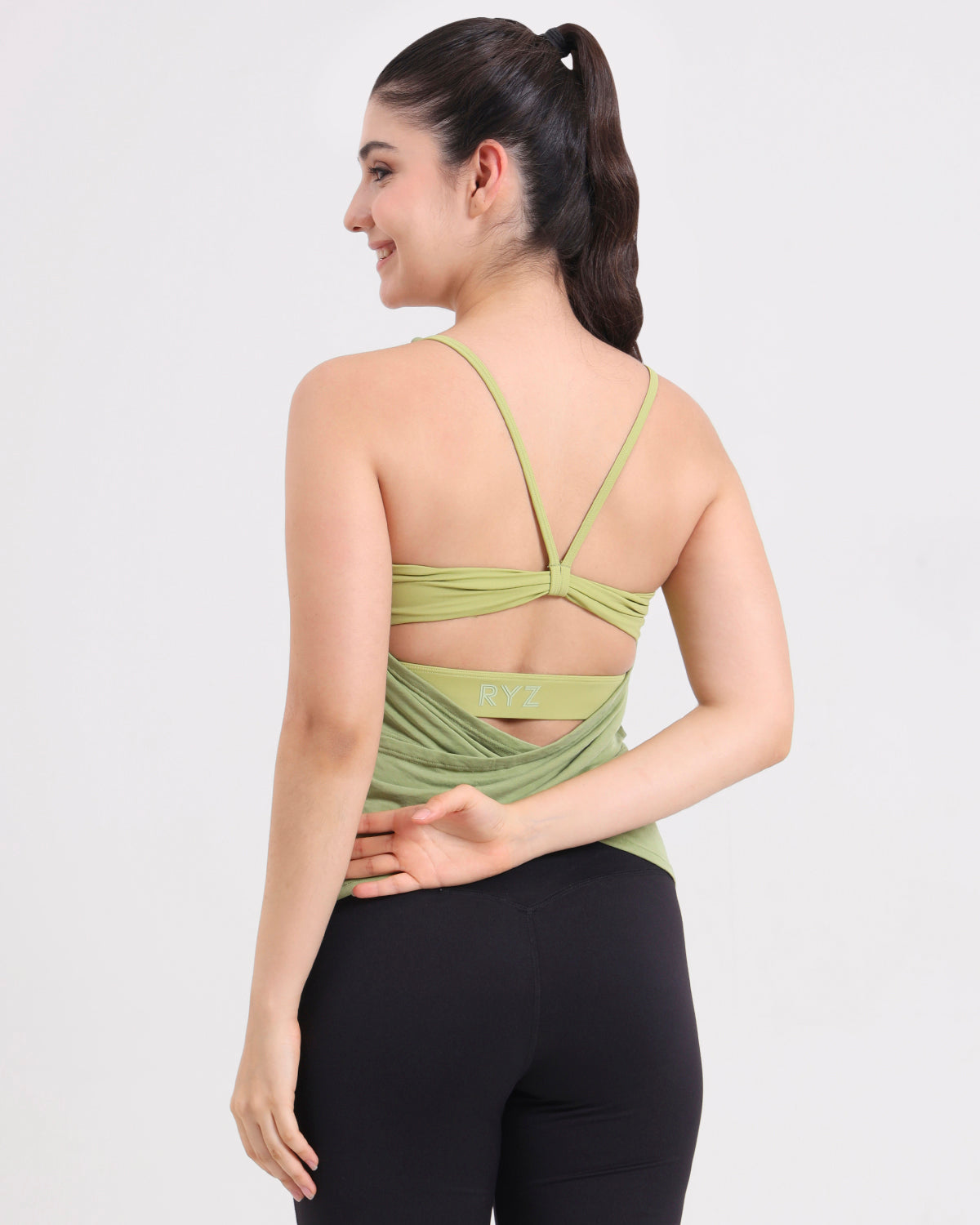 Original Swoosh Padded Cross-back Knot Blot Wrap Tank | Softretch® | In-built Sports bra | Yoga Top (GN)