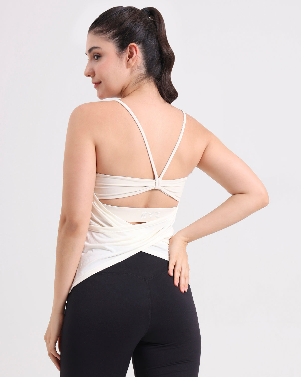 Original Swoosh Padded Cross-back Knot Blot Wrap Tank | Softretch® | In-built Sports bra | Yoga Top (I)