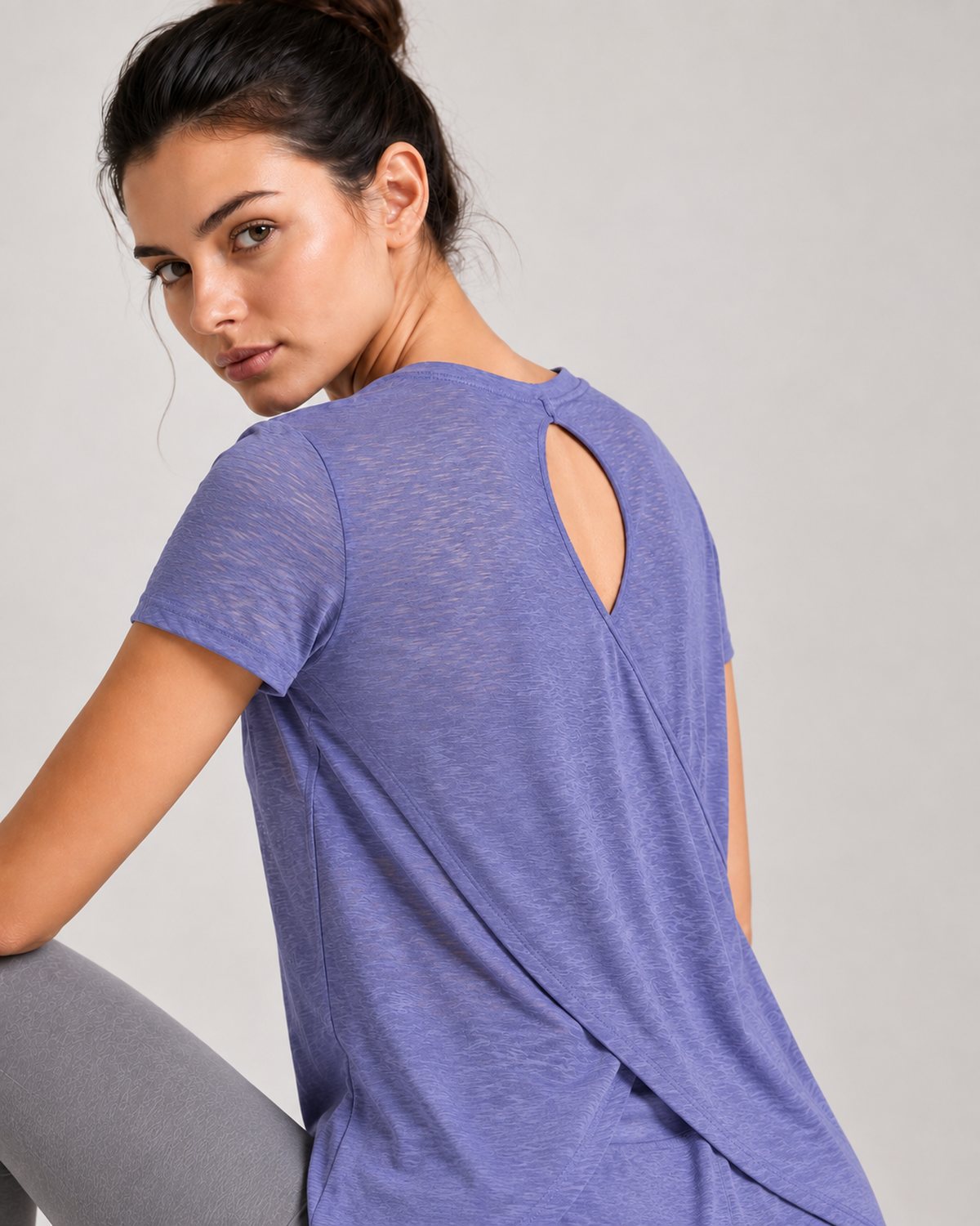 RYZ Softretch Cross-Flow Breeze Tee in Purple, close-up of keyhole back