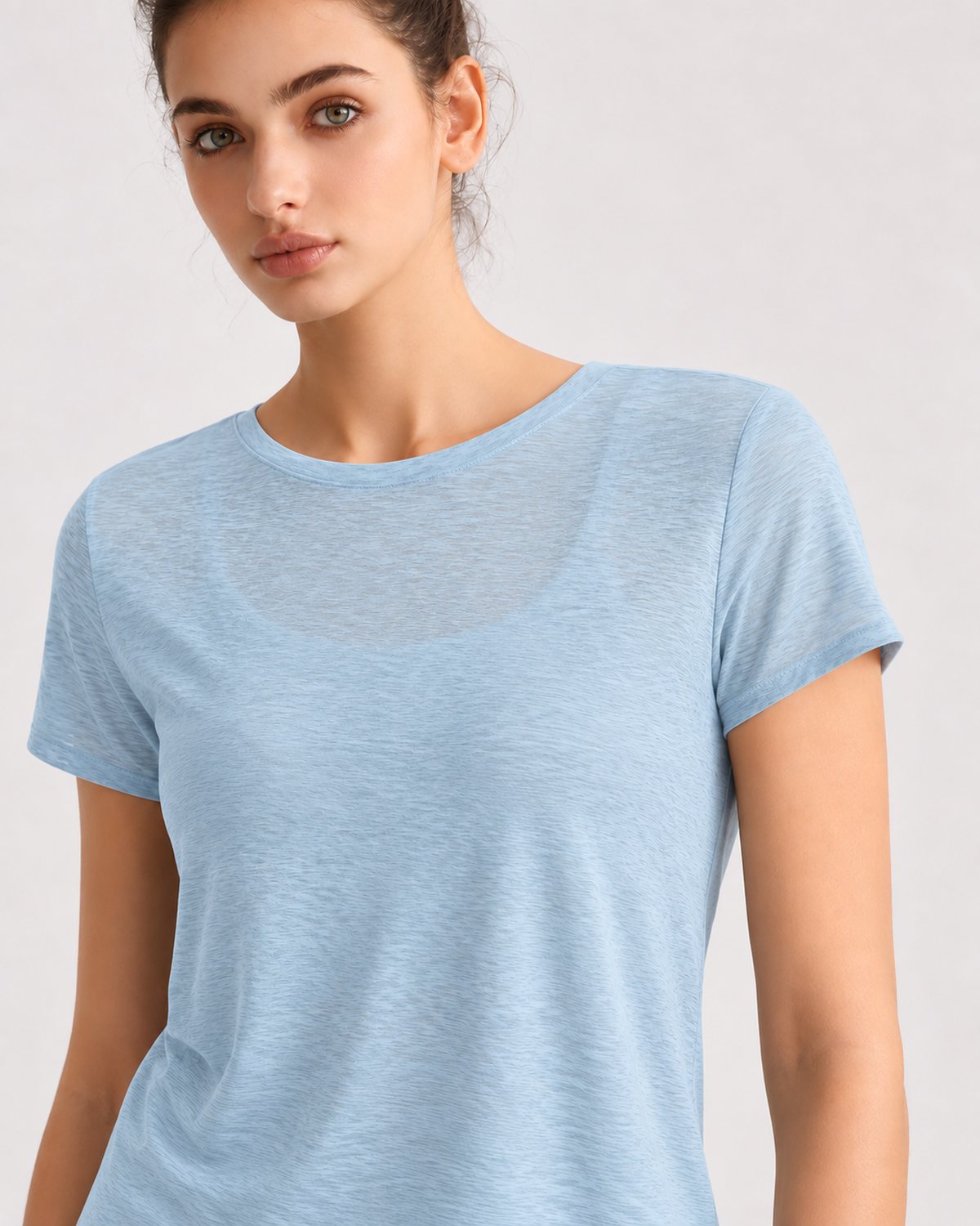 RYZ Softretch Cross-Flow Breeze Tee in Sky Blue, close-up front view