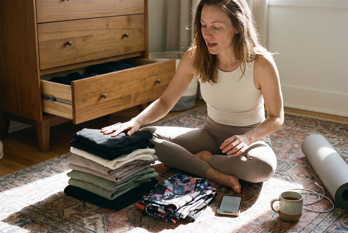 Woman sorting activewear into a tall stack of well-worn neutrals and a small pile of barely worn prints, wearing RYZ Core Premium Classic Leggings in nude