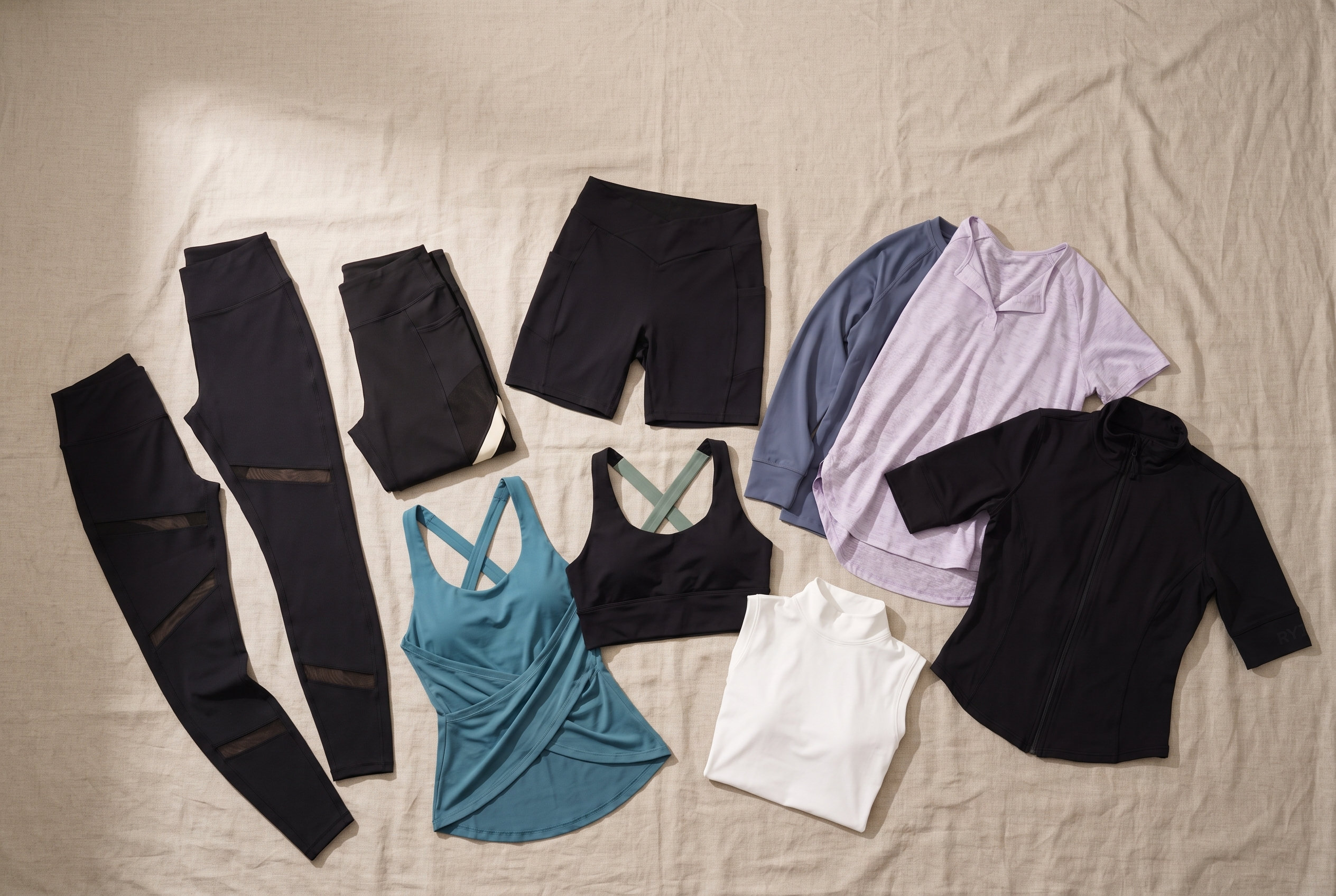 Nine pieces of RYZ activewear laid out on warm oat linen - three bottoms, three tops and three layers making up a nine-piece activewear capsule wardrobe for women
