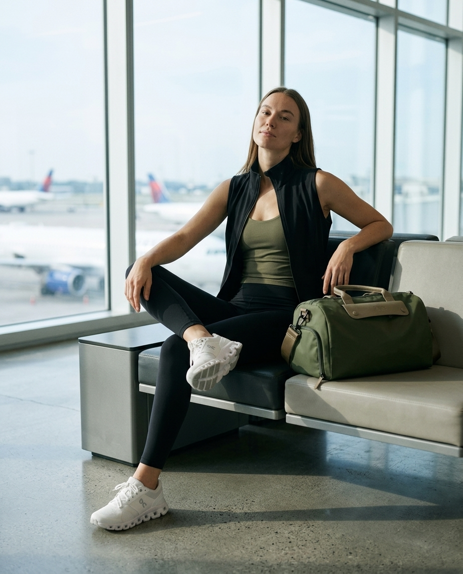 Woman in an airport departure lounge wearing the RYZ Core Sleeveless Jacket over an olive Softretch layer tank with a RYZ Active Carry-All travel duffle - the RYZ Travel Edit