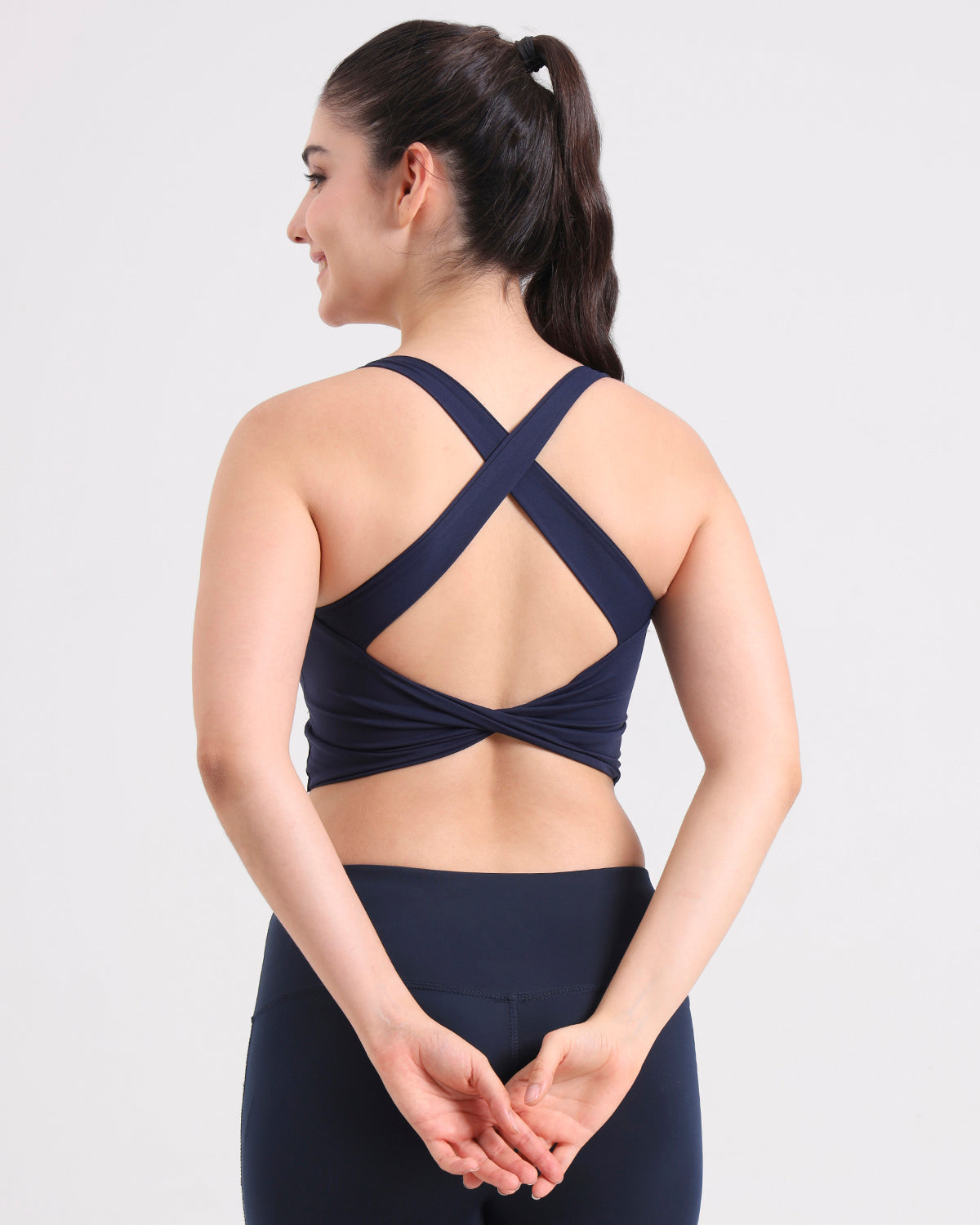 Core Padded Knot Blot Cross Back Crop Top | Original Softretch®| In-built Sports bra | Yoga Top (NV)