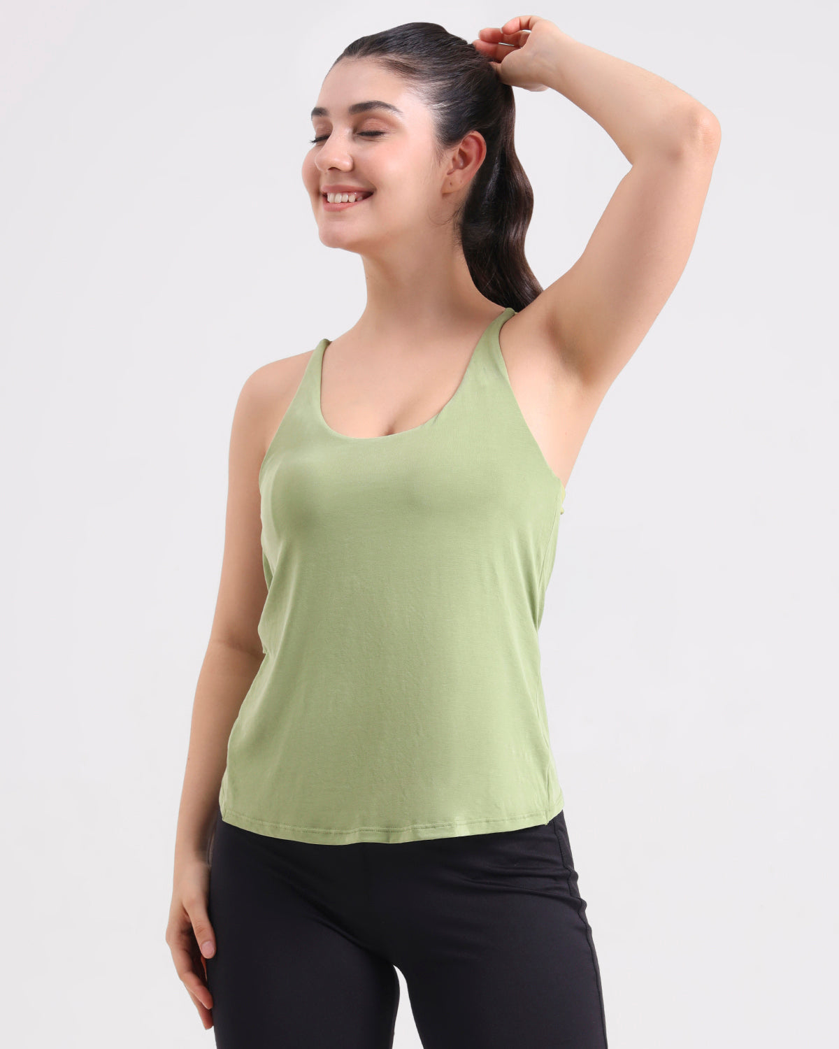 Original Swoosh Padded Cross-back Knot Blot Wrap Tank | Softretch® | In-built Sports bra | Yoga Top (GN)