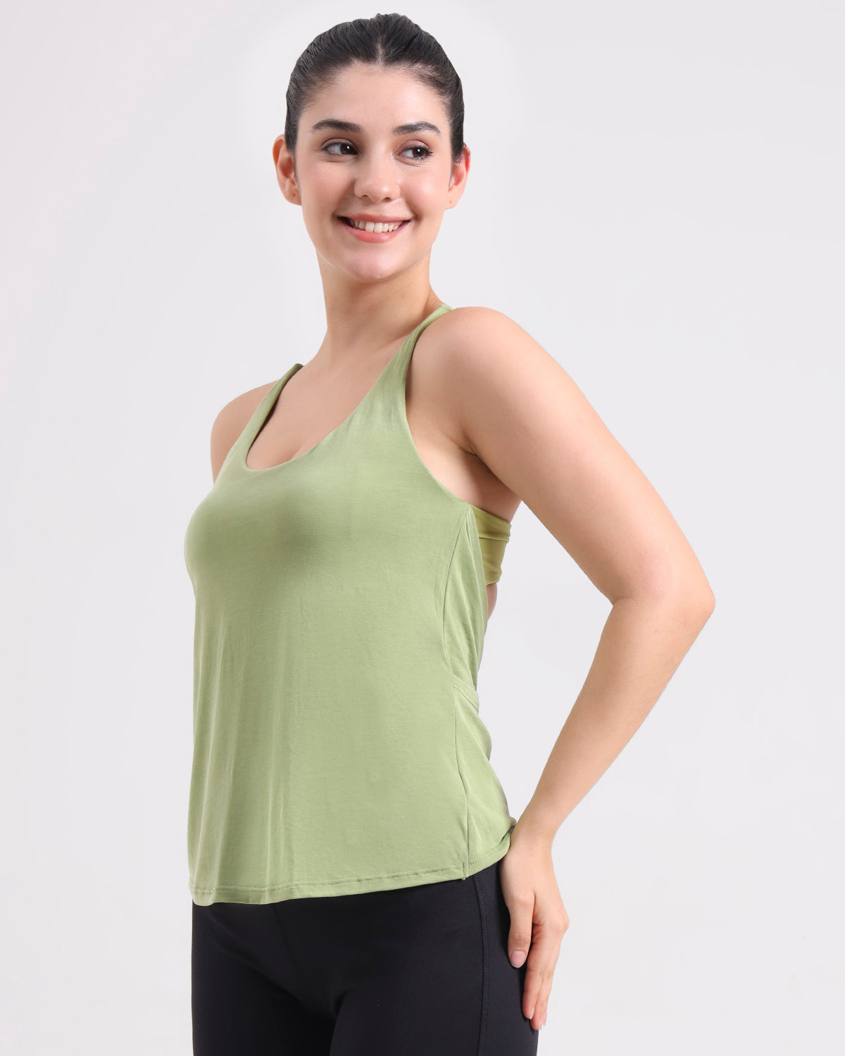 Original Swoosh Padded Cross-back Knot Blot Wrap Tank | Softretch® | In-built Sports bra | Yoga Top (GN)