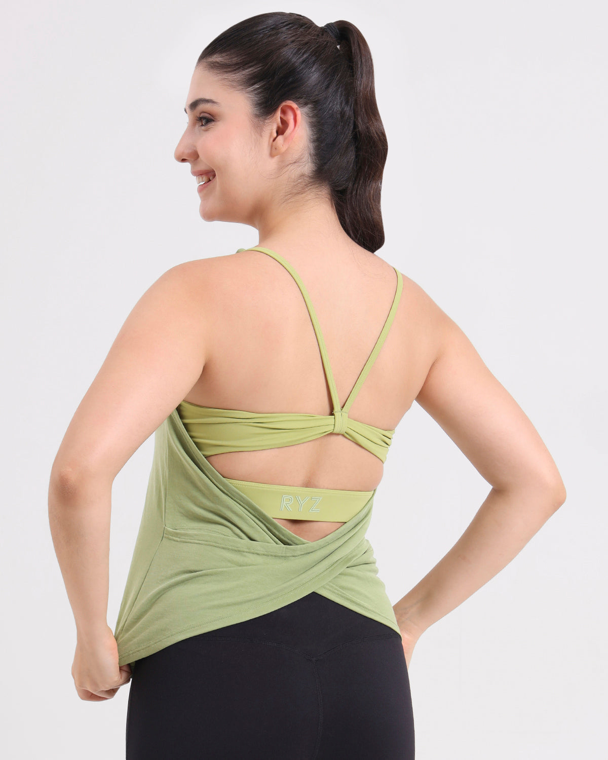 Original Swoosh Padded Cross-back Knot Blot Wrap Tank | Softretch® | In-built Sports bra | Yoga Top (GN)