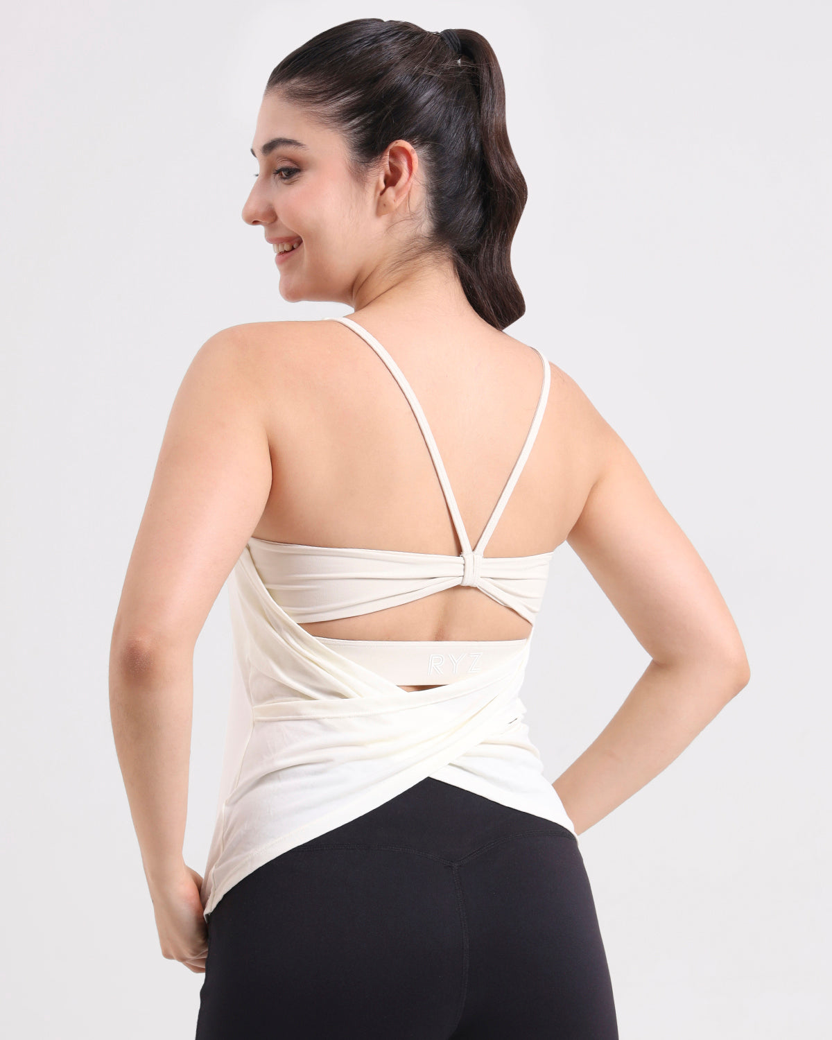 Original Swoosh Padded Cross-back Knot Blot Wrap Tank | Softretch® | In-built Sports bra | Yoga Top (I)