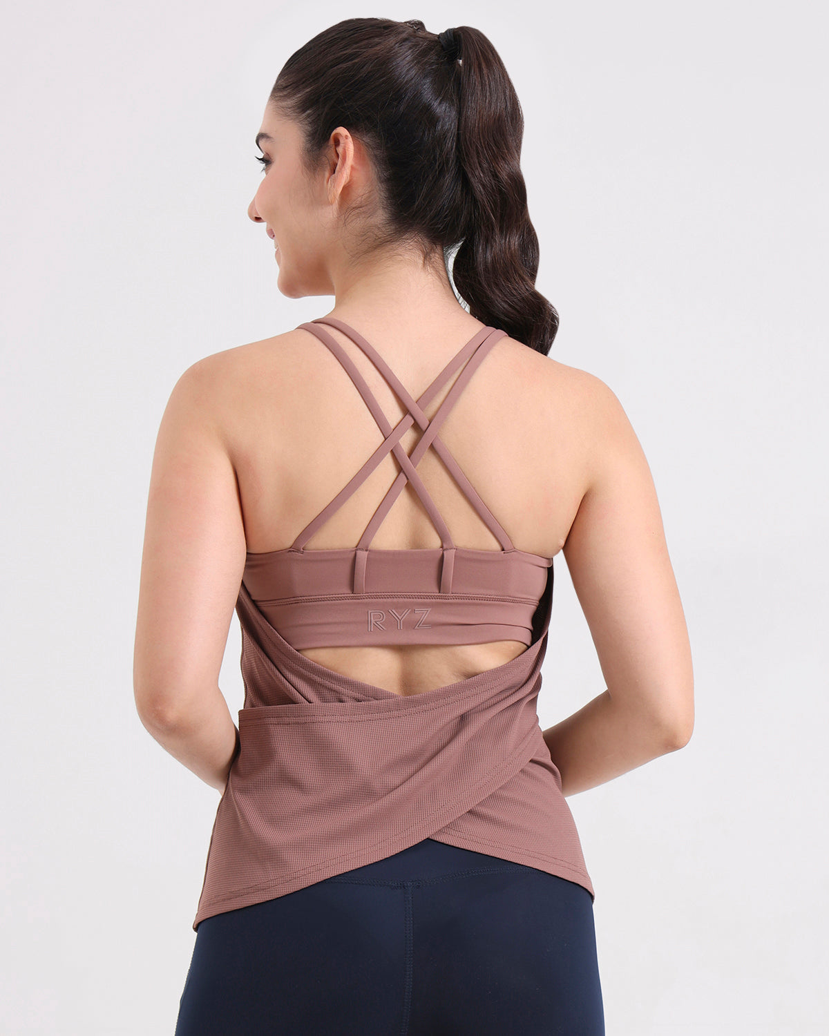 Swoosh Support Padded Cross-back Wrap Tank | In-built Sports bra | Original Softretch® |Yoga Top (BR)