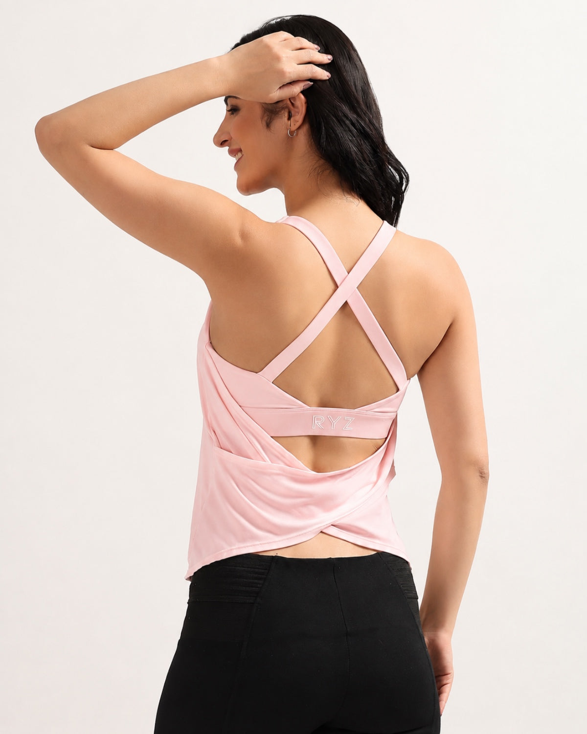 RYZ Swoosh Padded Cross-back Wrap Tank in Blush Pink