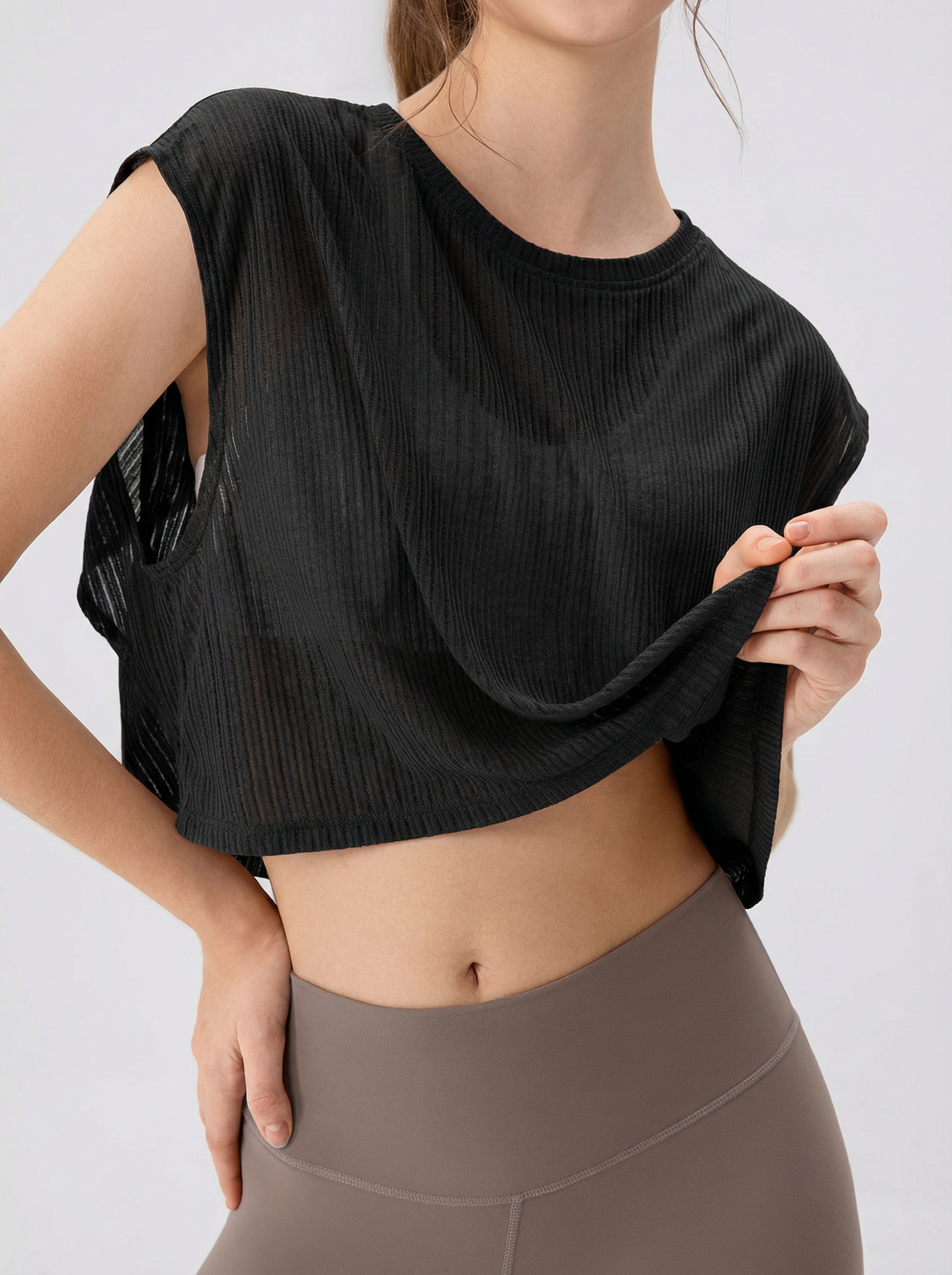 Core Flow Drape Over Top | Open-Back Workout Layer | Sheer Rib Mesh | Relaxed Cropped Fit (Black)