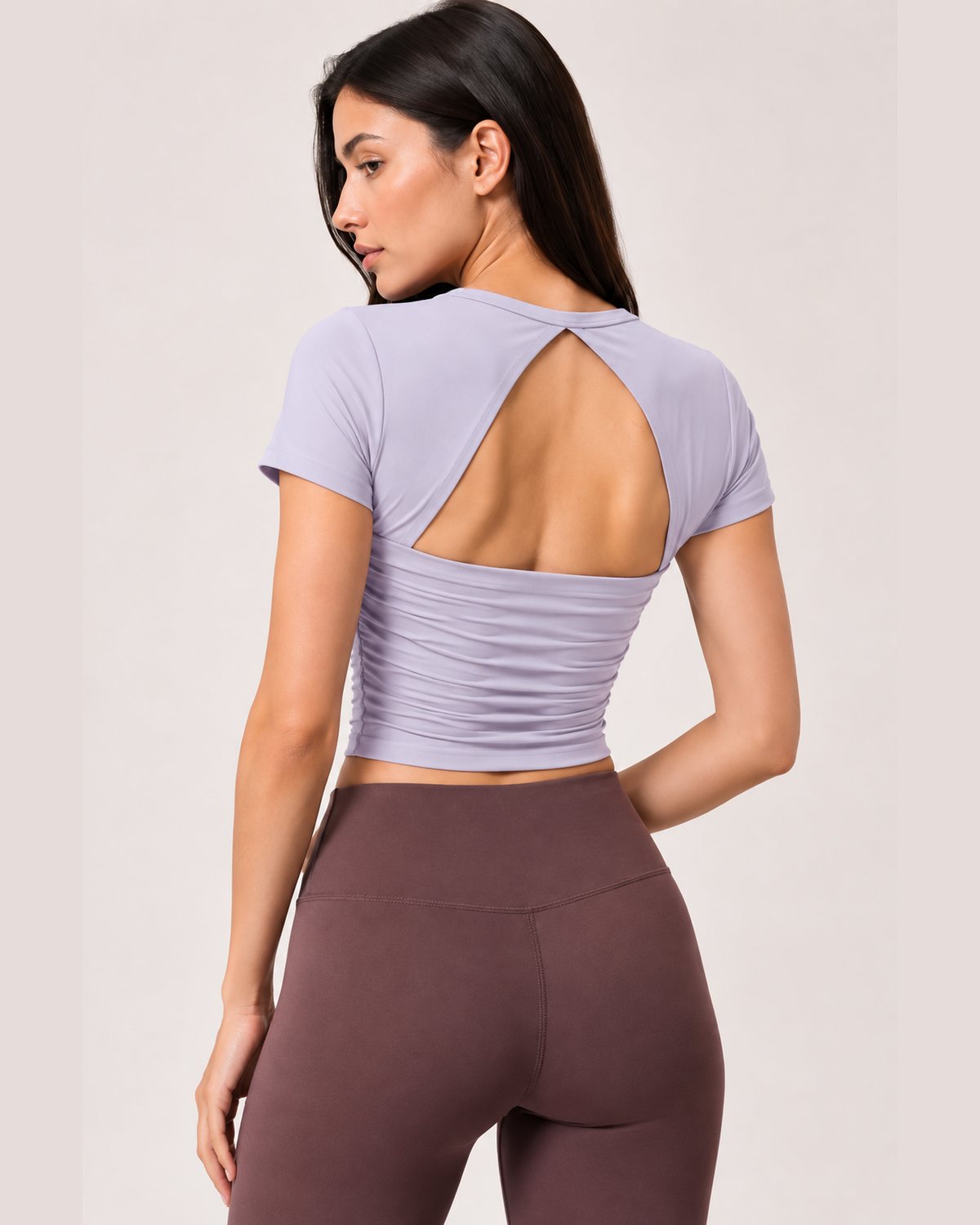 RYZ Enhance Mesh Fusion Top in Lavender, back view over shoulder