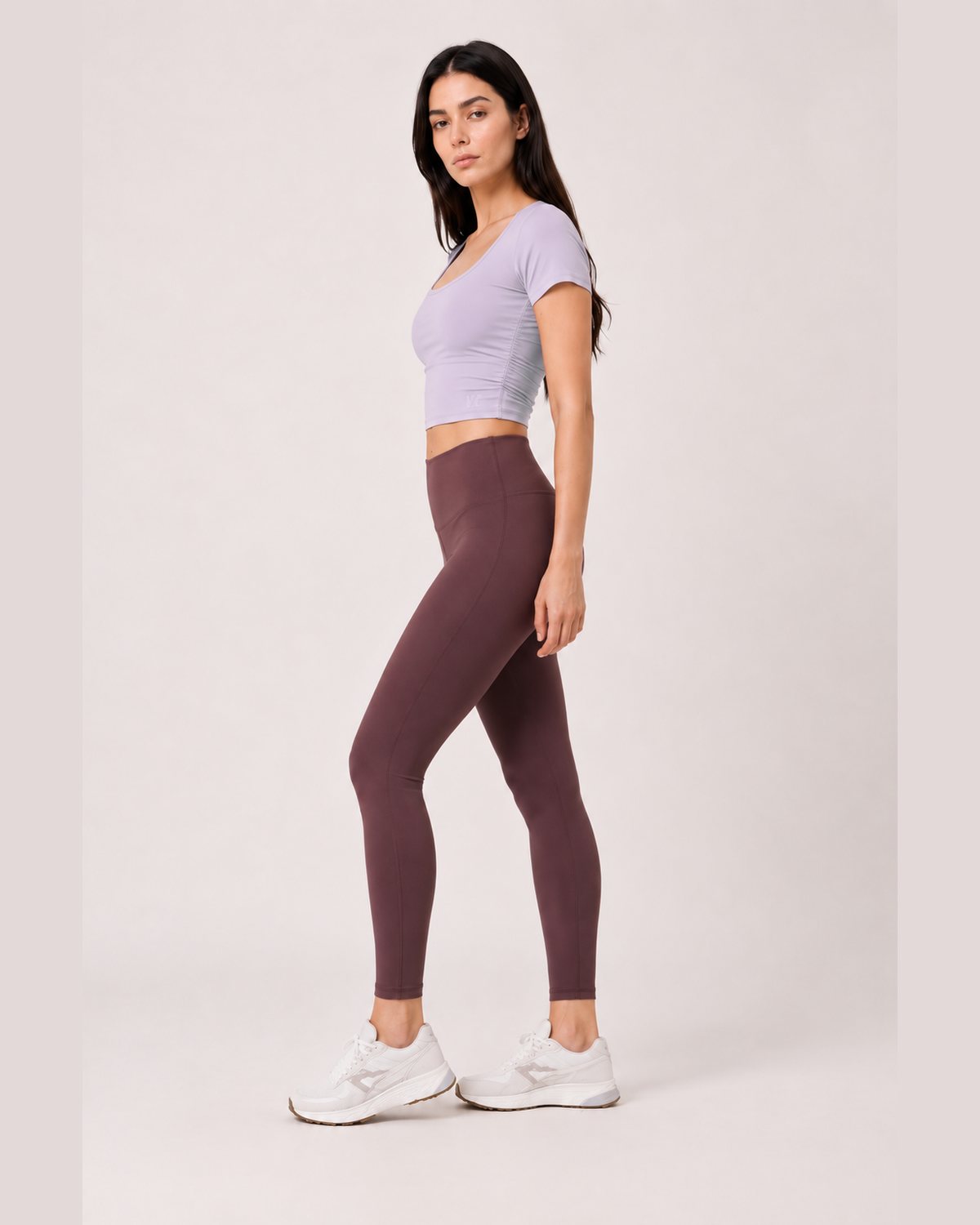 RYZ Enhance Mesh Fusion Top in Lavender, full-length side view