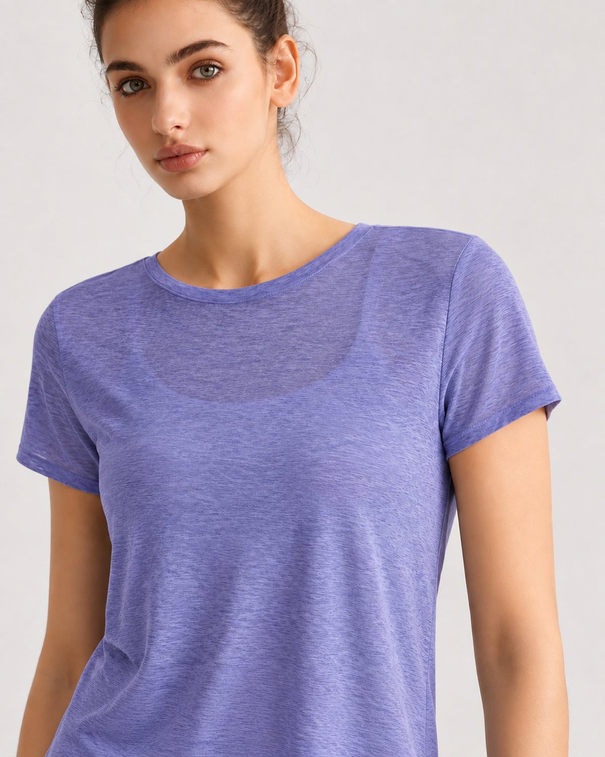 RYZ Softretch Cross-Flow Breeze Tee in Purple, close-up front view