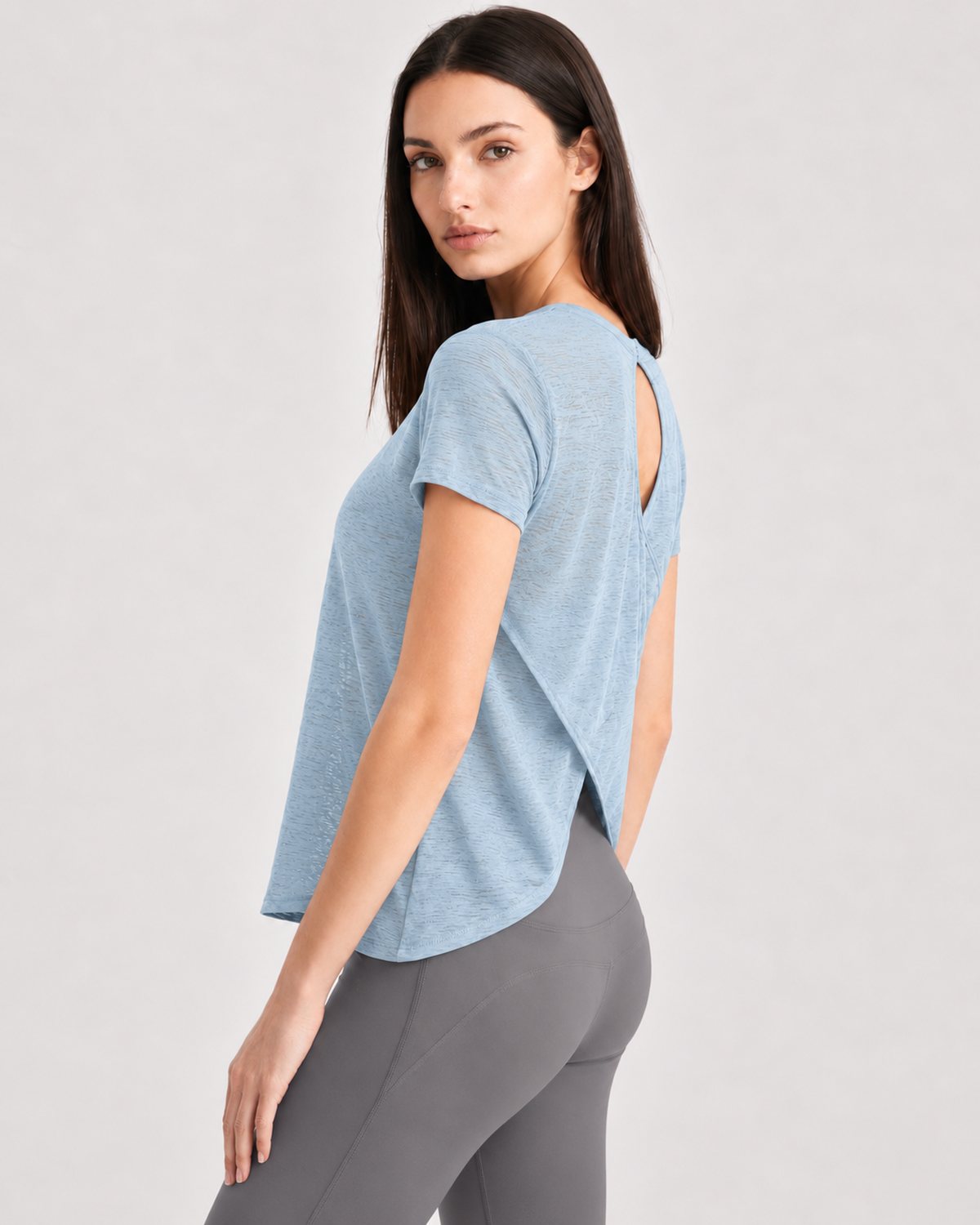 RYZ Softretch Cross-Flow Breeze Tee in Sky Blue, side back view