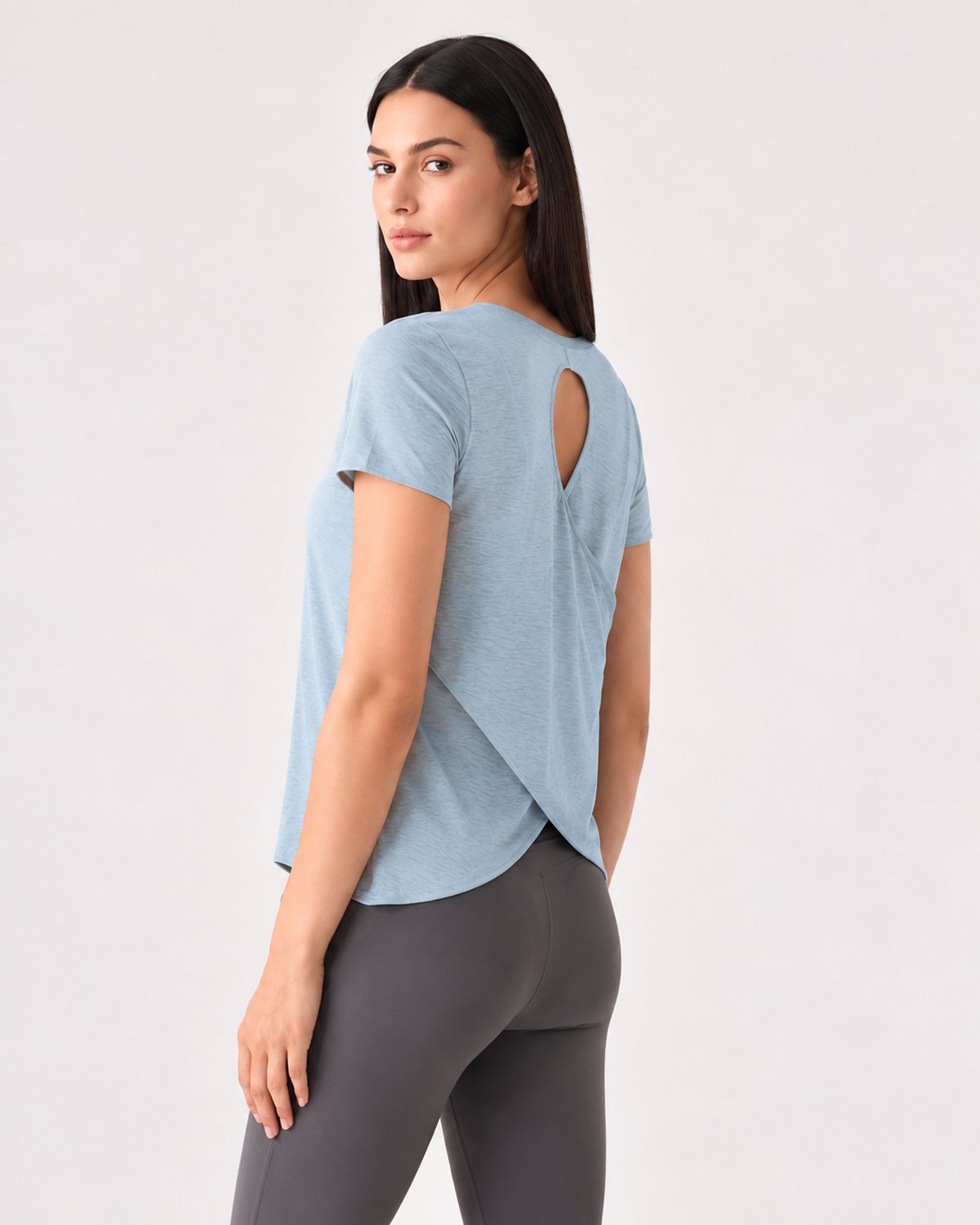 RYZ Softretch Cross-Flow Breeze Tee in Sky Blue, three-quarter back view